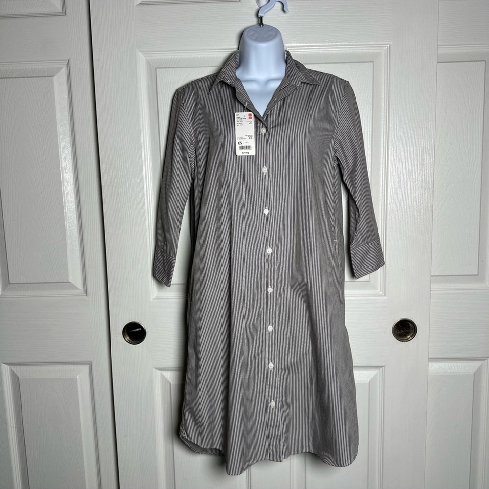 Uniqlo Women’s XSmall Brown Shirt Dress Oversize 100% Cotton Pinstripe Office